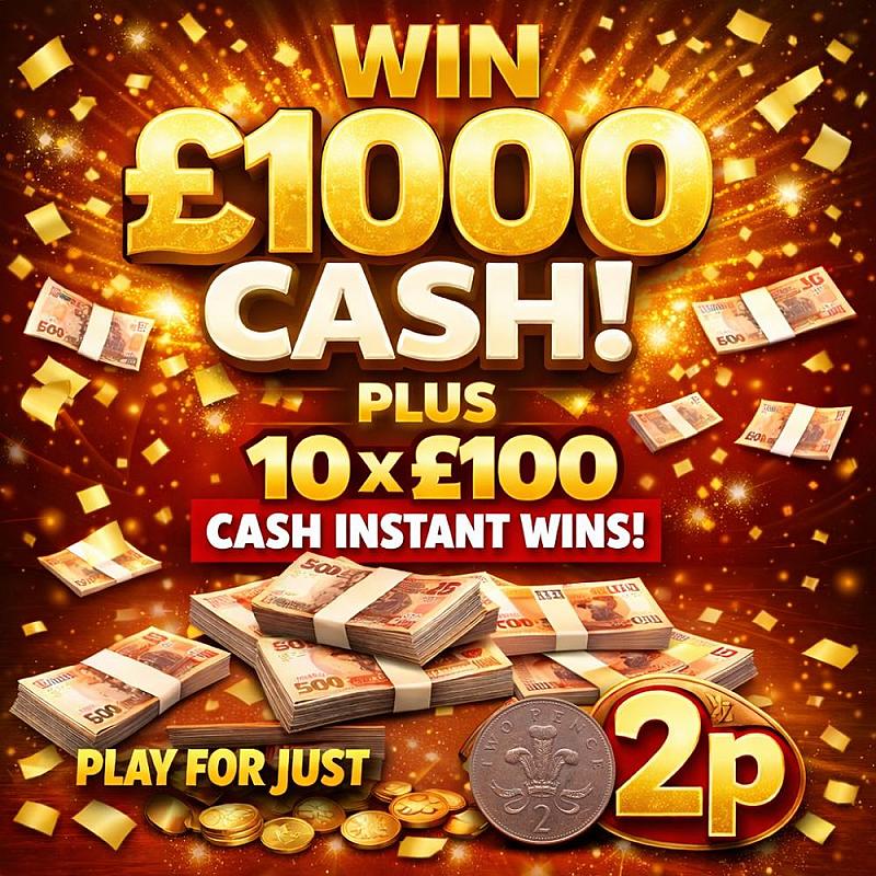 £1000 CASH PLUS 10 X £100 CASH INSTANT WINS 11/2/26