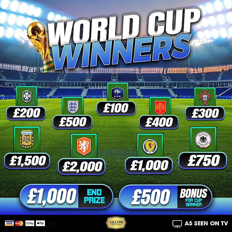 WORLD CUP WINNERS, WIN BIG INSTANTLY,  £500 BONUS FOR WINNING TEAM , £1000 END PRIZE 19/7/26